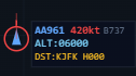 Aircraft data tag showing callsign, speed, altitude, destination and heading