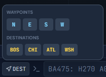 DEST dropdown showing waypoints N E S W and destinations BOS CHI ATL WSH