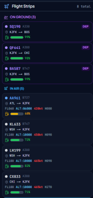 Flight strip panel showing aircraft status